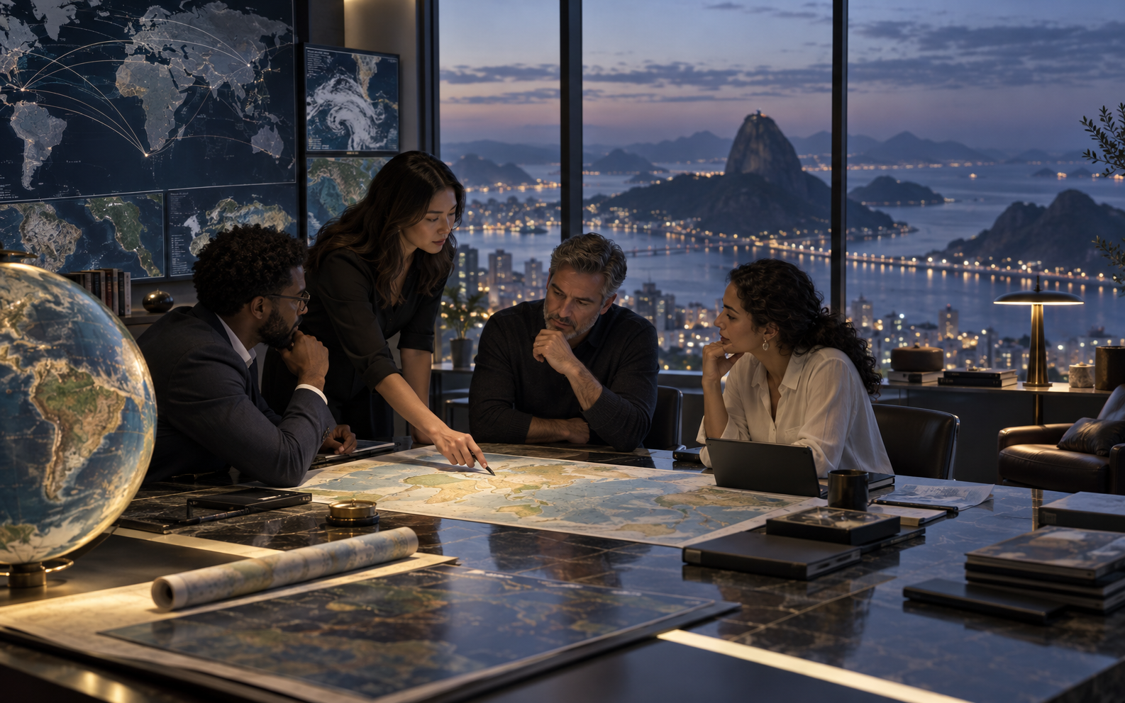 International systems team examining global maps
